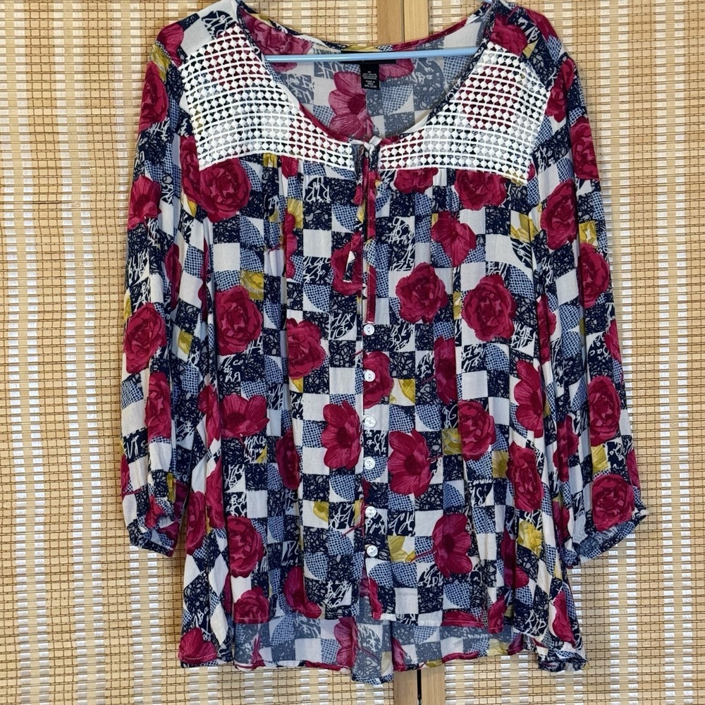 Style & Co Womens M Top Floral Ballon Sleeve Whimsical Boho Lagenlook Artsy